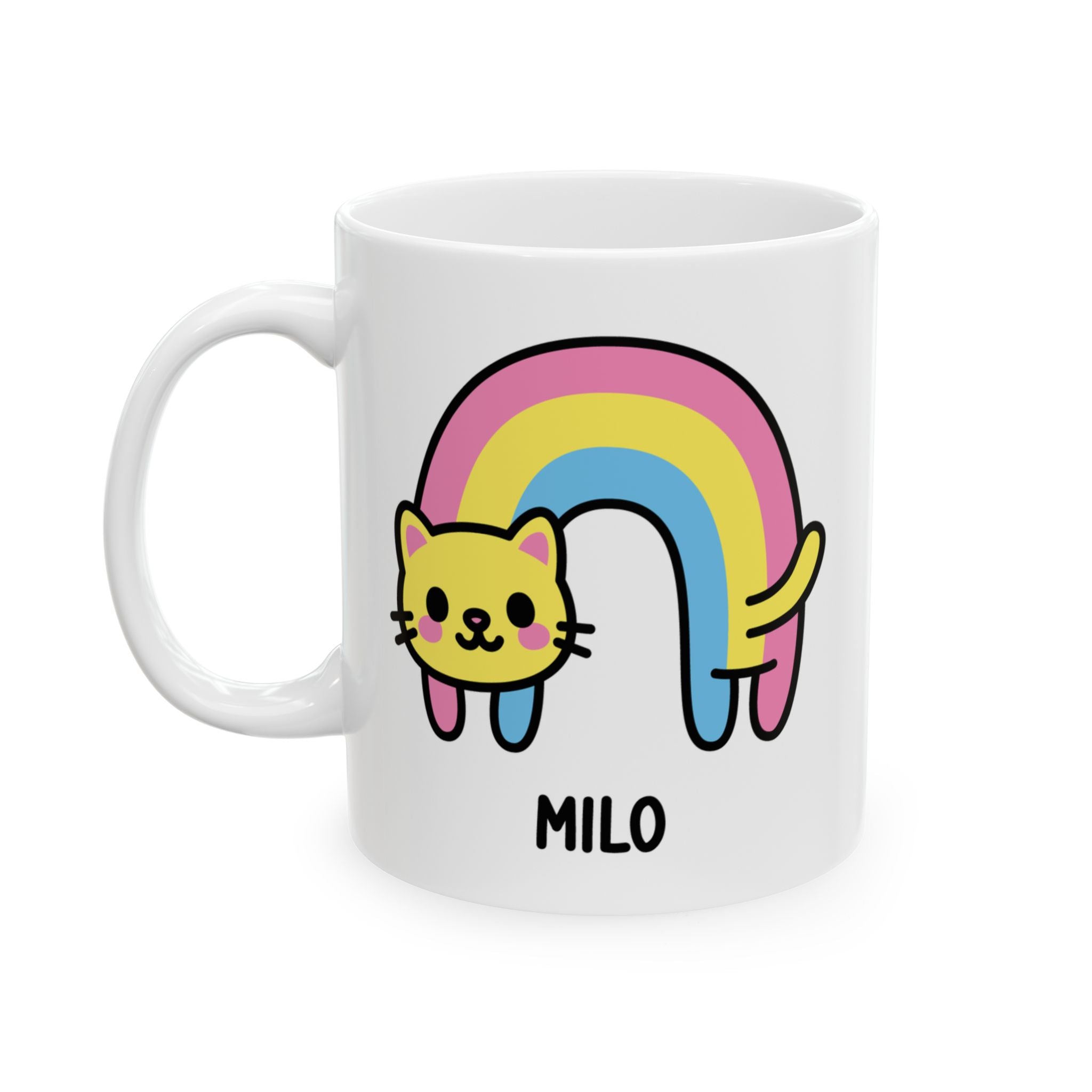 Pastel Rainbow Cat Custom Name Mug On White Background