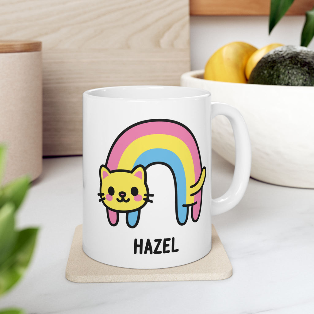 Pastel Rainbow Cat Custom Name Mug On Kitchen Background