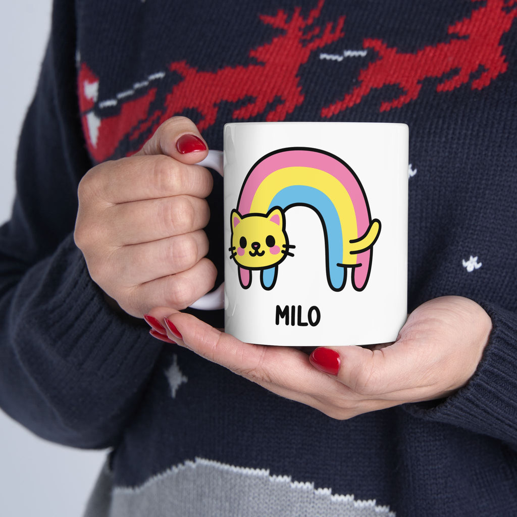 Pastel Rainbow Cat Custom Name Mug Held By Person