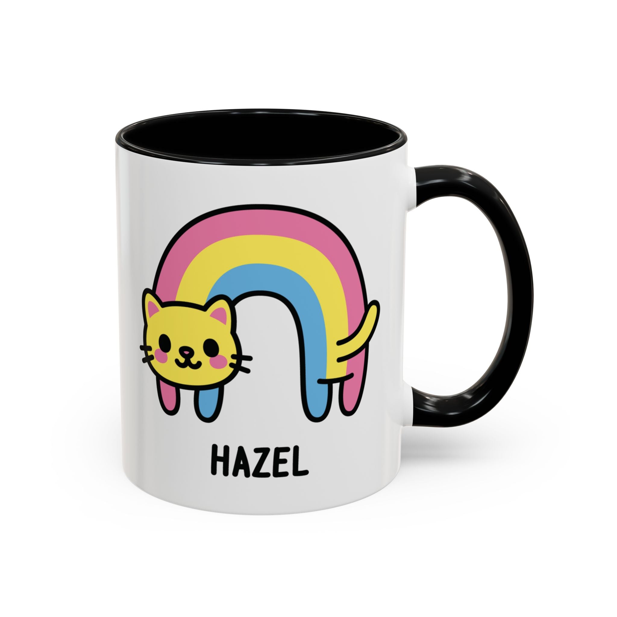 Pastel Rainbow Cat Custom Name Mug on White Background With Black Accent Colour