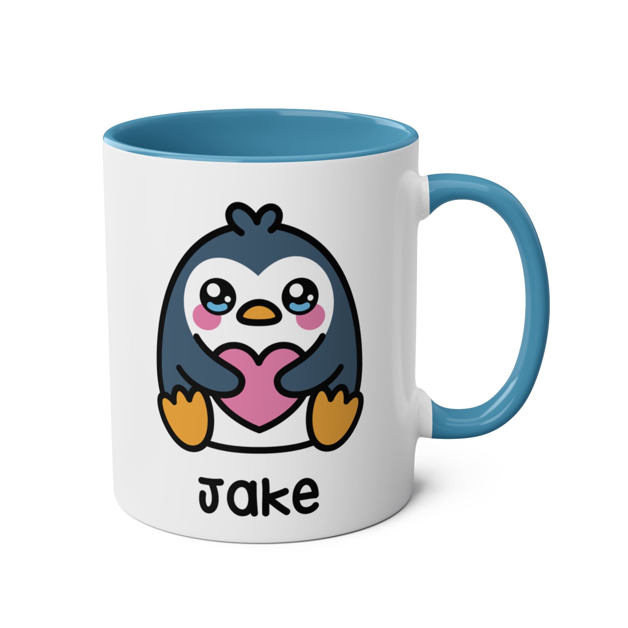 Mug with a cartoon penguin holding a heart on a white background blue accent