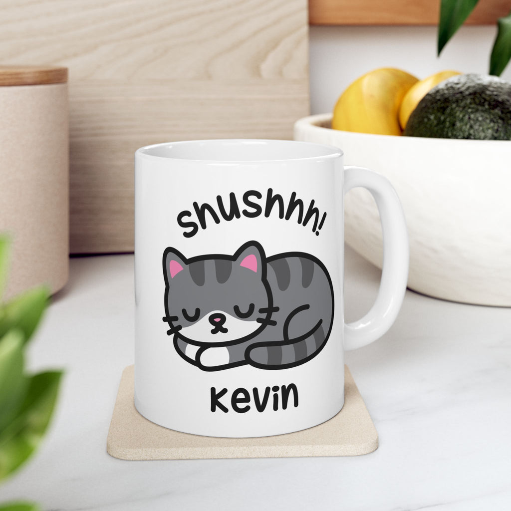 Shushhh! Sleeping Kitten Custom Coffee Mug On Kitchen Background