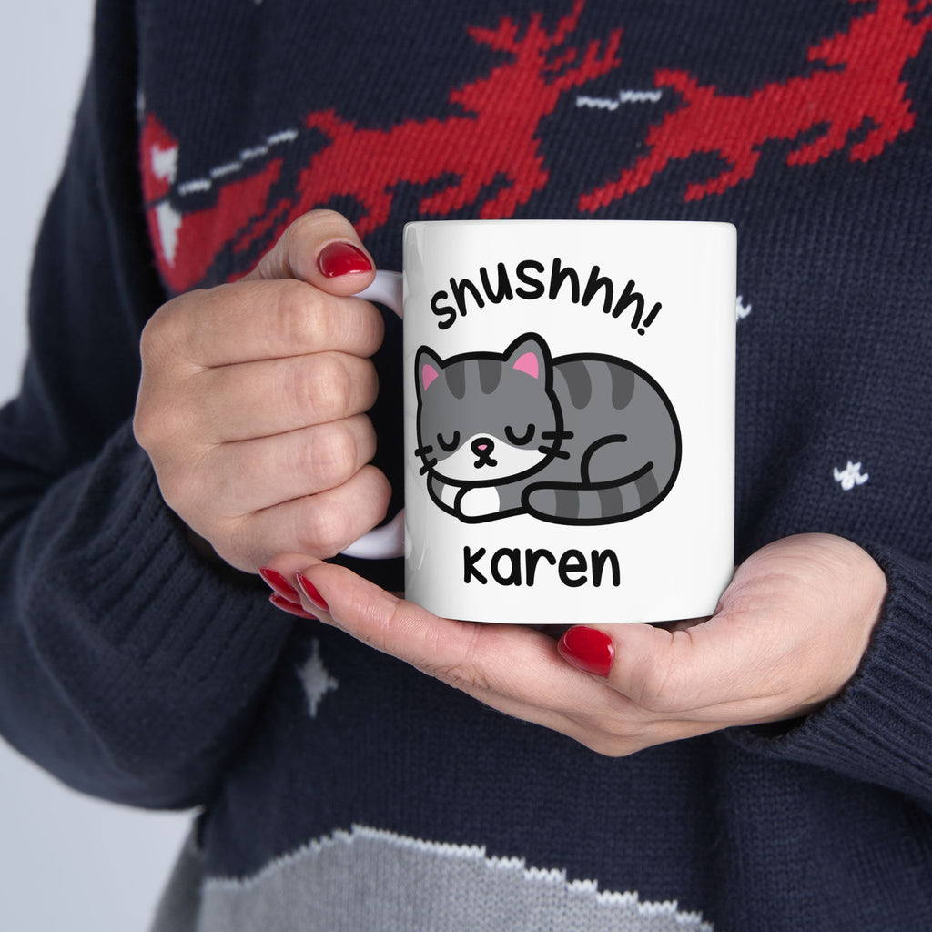 Shushhh! Sleeping Kitten Custom Coffee Mug Held By Person