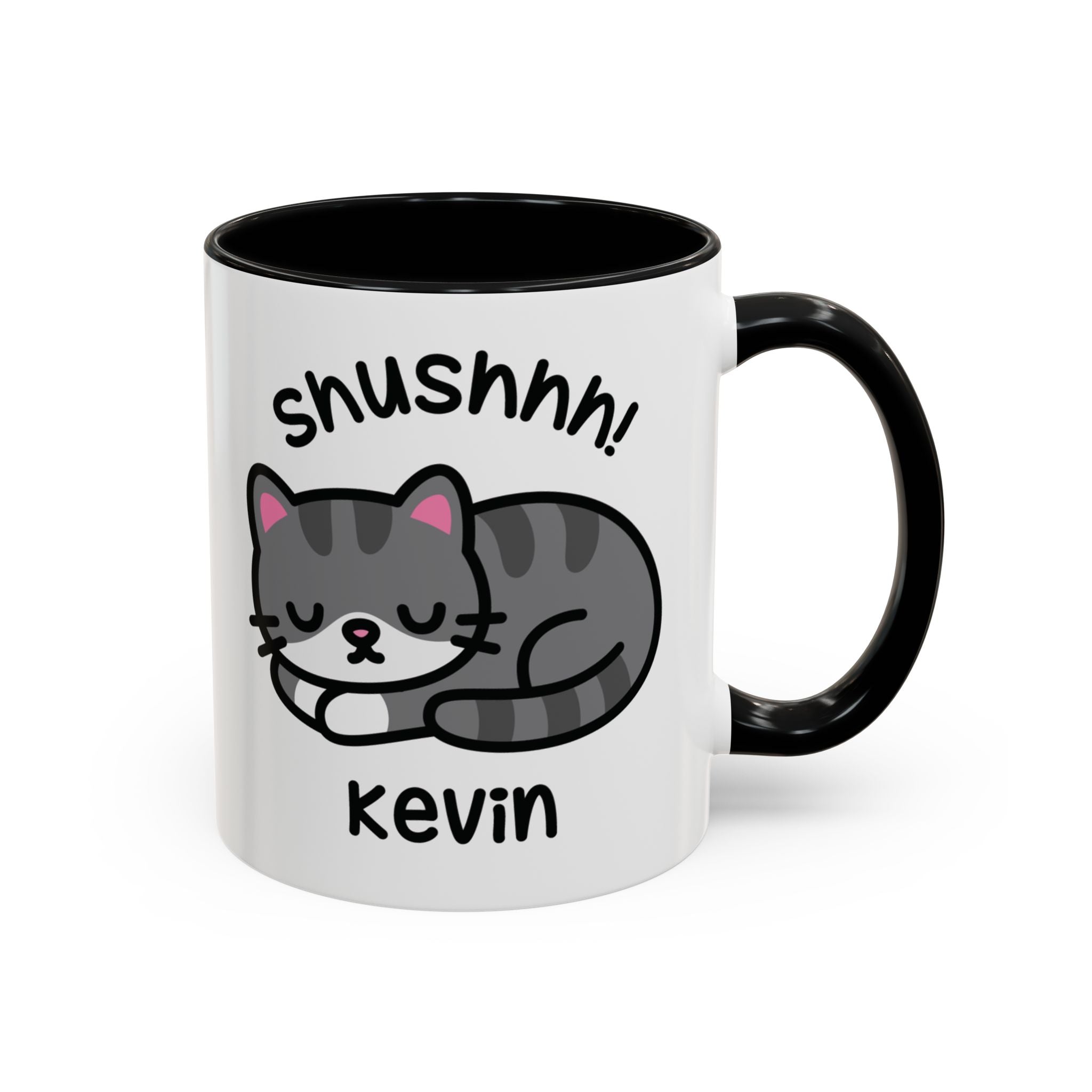 Shushhh! Sleeping Kitten Custom Coffee Mug On White Background With Black Accent Colour
