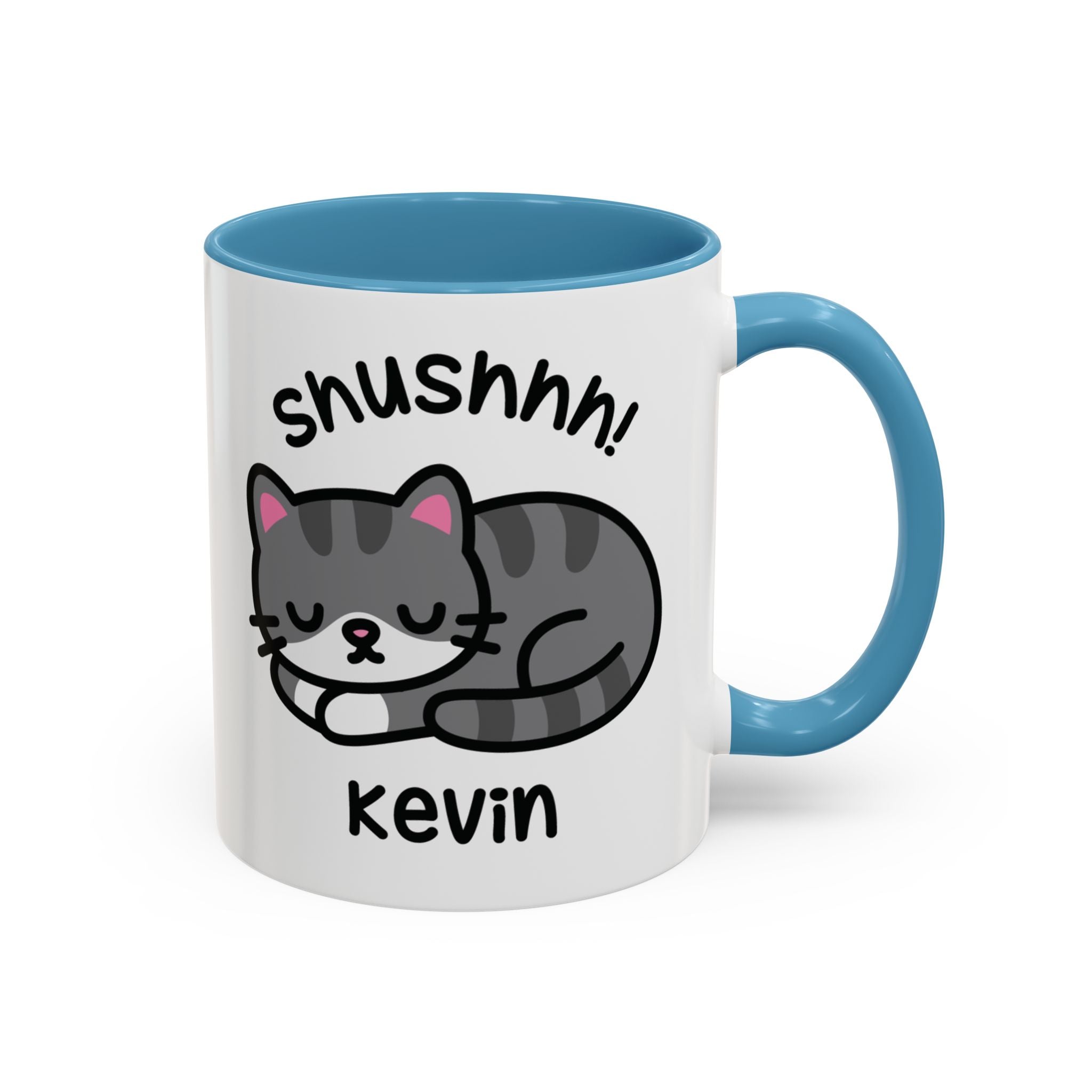Shushhh! Sleeping Kitten Custom Coffee Mug On White Background With Blue Accent Colour