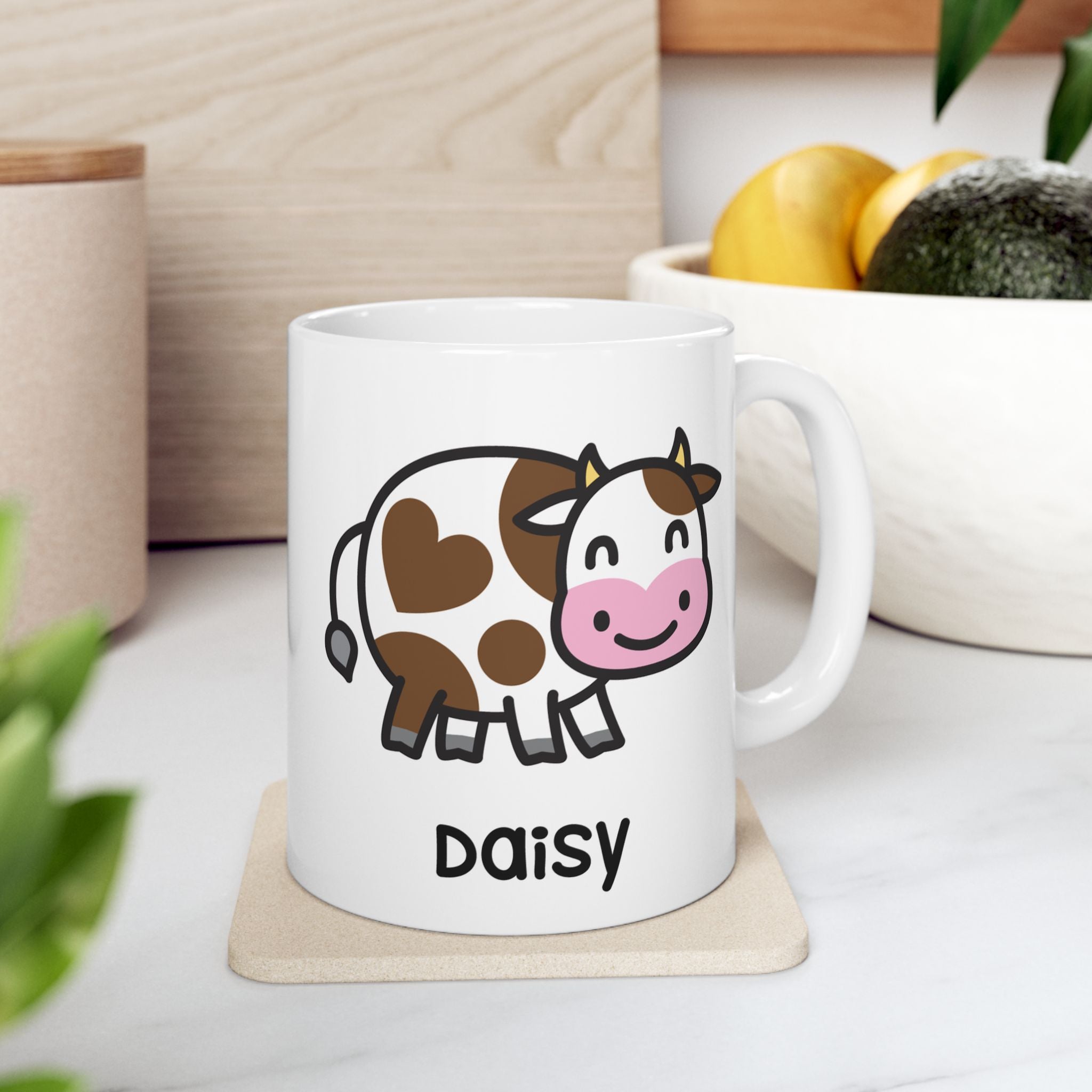 Silly Moo Cow Personalised Name Mug On Kitchen Background