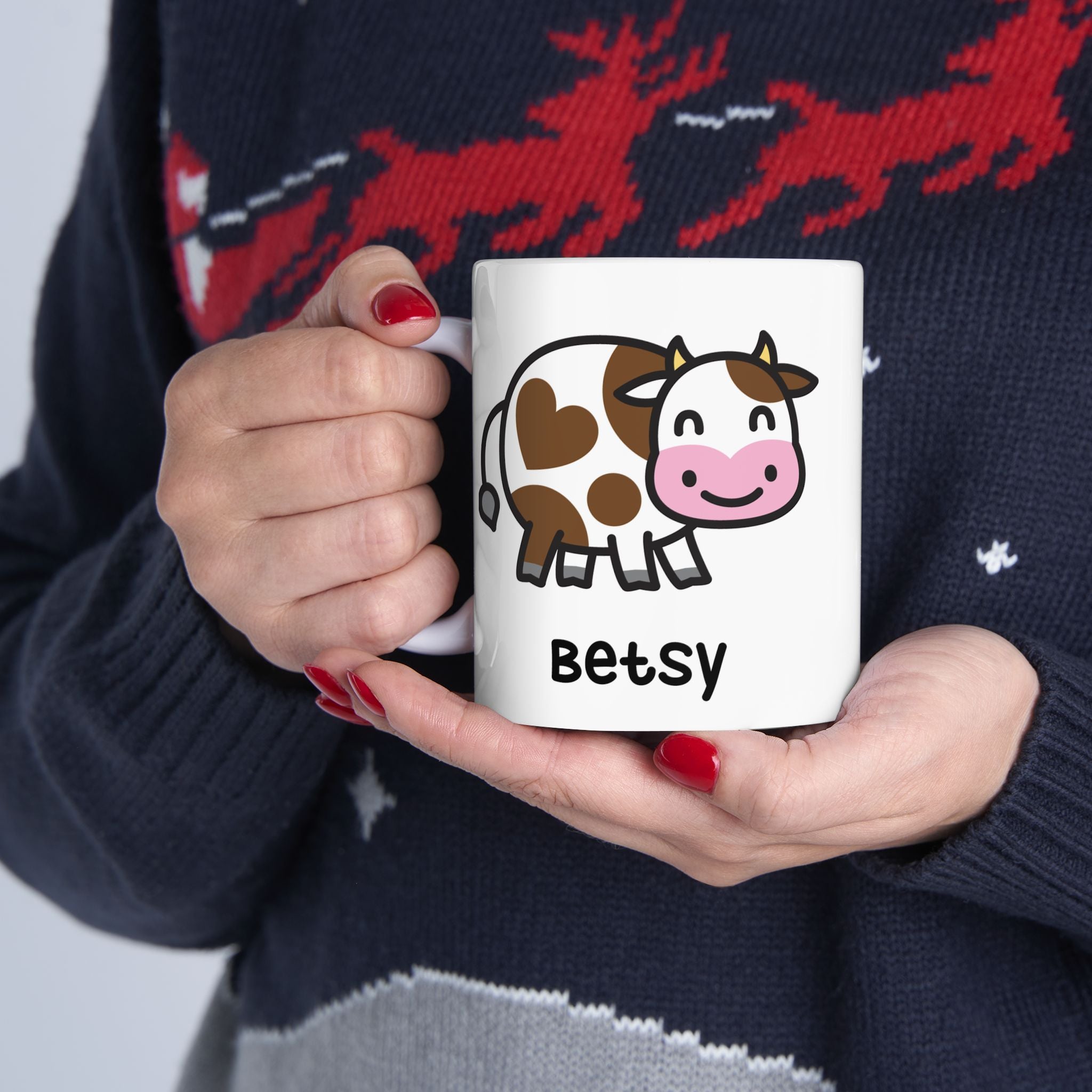 Silly Moo Cow Personalised Name Mug Held By Person