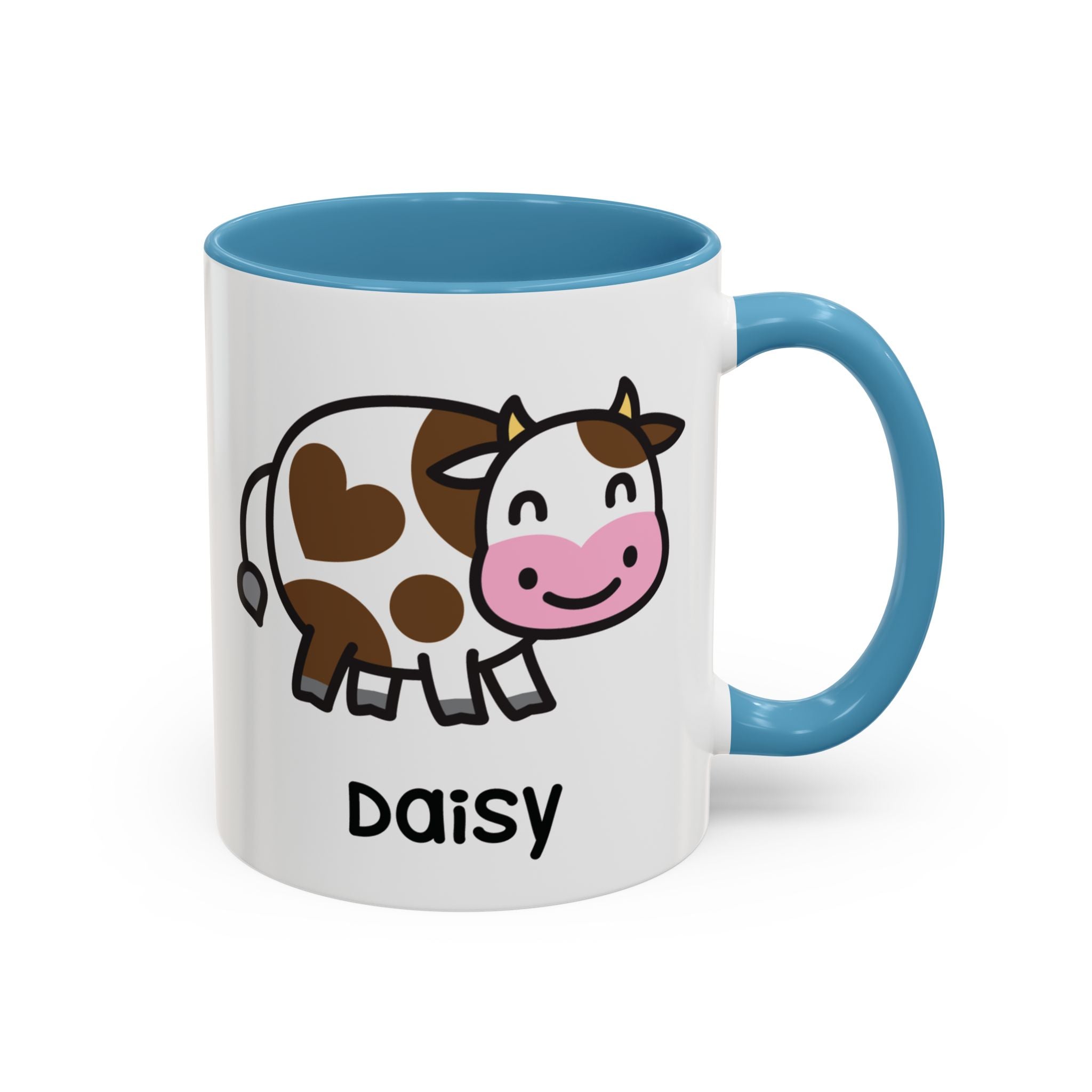 Silly Moo Cow Personalised Name Mug on White Background With Blue Accent Colour