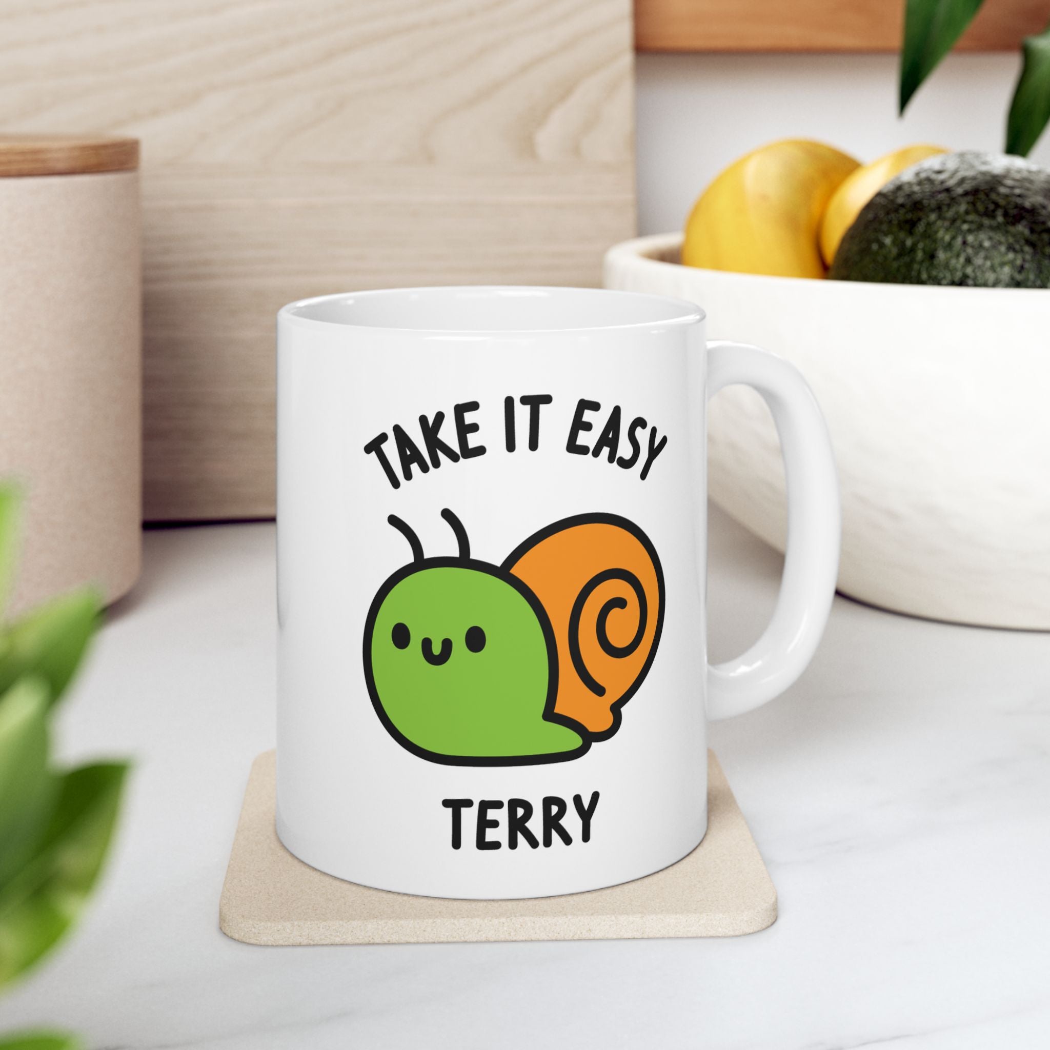 Take It Easy Snail Custom Coffee Mug On Kitchen Background
