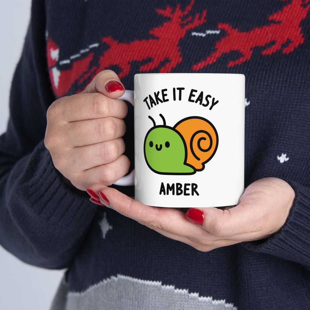 Take It Easy Snail Custom Coffee Mug Held By Person