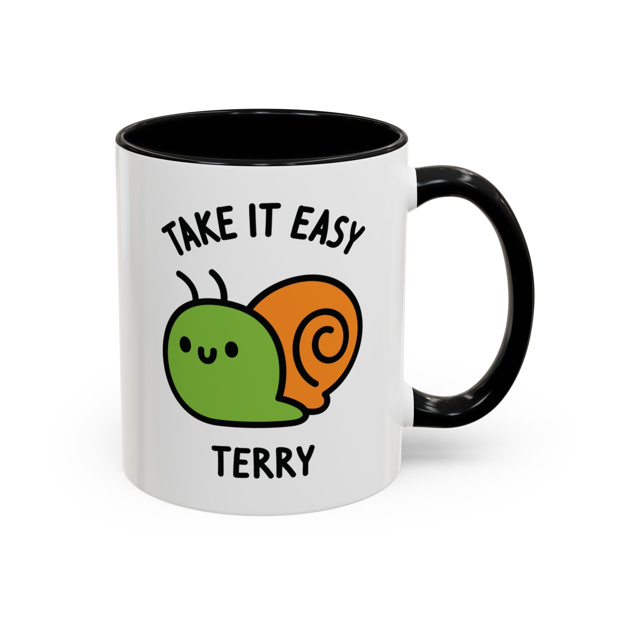 Take It Easy Snail Custom Coffee Mug on White Background With Black Accent Colour