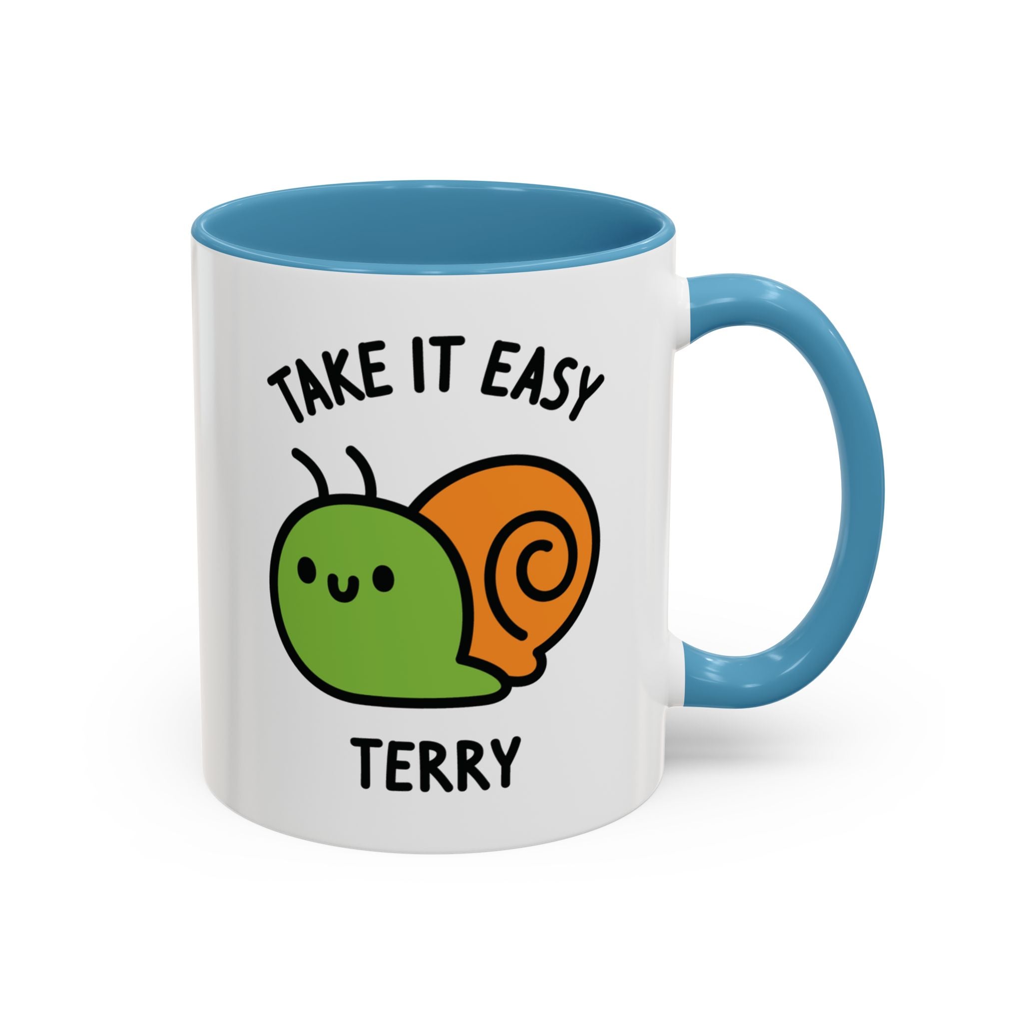 Take It Easy Snail Custom Coffee Mug on White Background With Blue Accent Colour