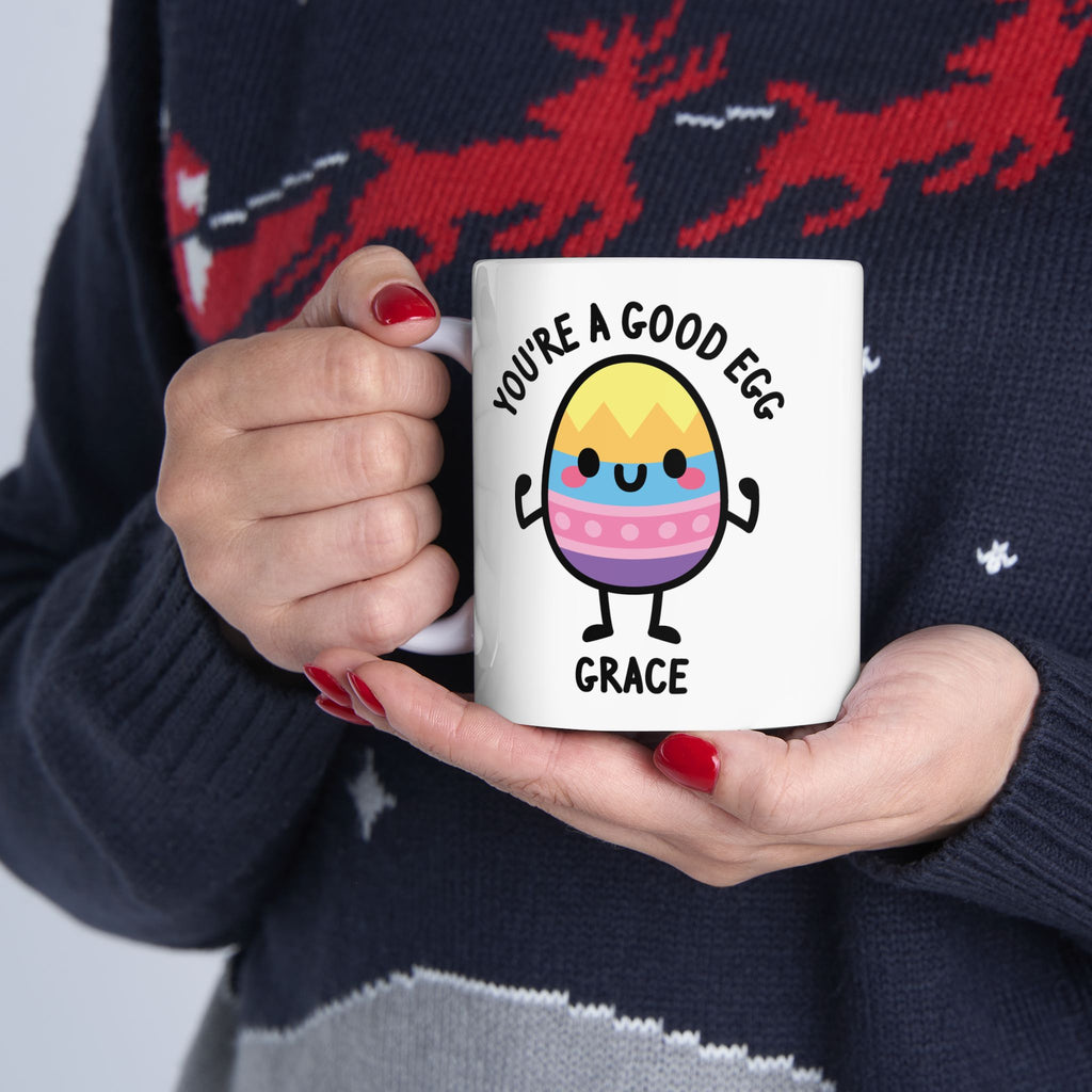 You're A Good Egg Custom Name Mug Held By Person