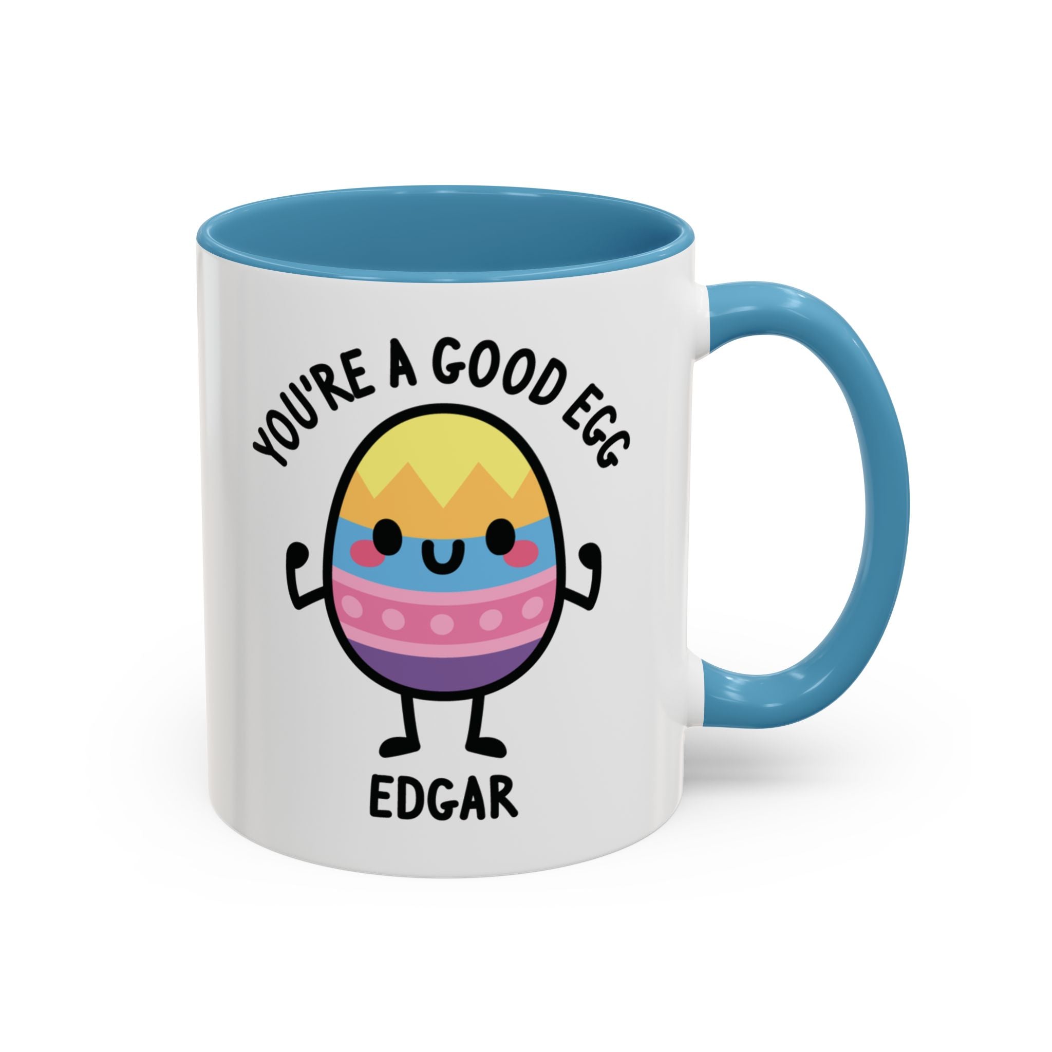 You're A Good Egg Custom Name Mug on White Background With Blue Accent Colour